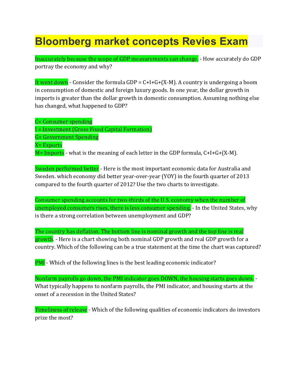Preview image for Bloomberg market concepts test, solved 100%; distinction solution guide